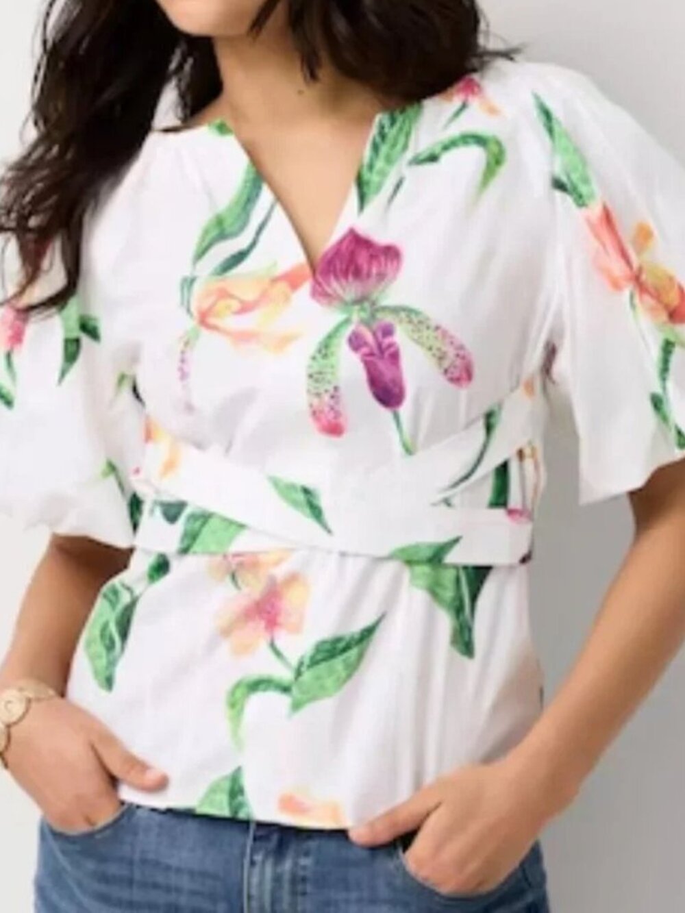 White House Black Market Puff Sleeve Poplin Blouse Orchid White size 0